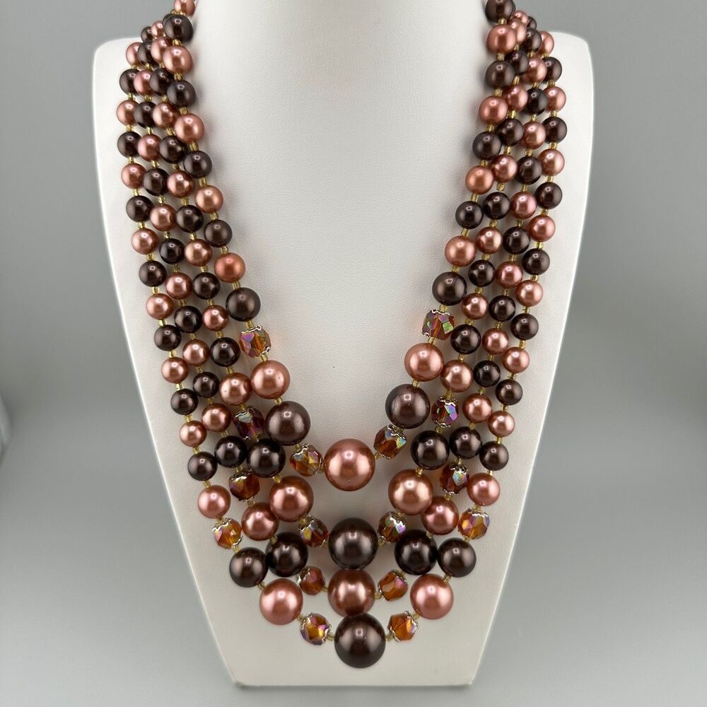 Vintage Japan Faux Pearl Necklace Multi Strand Topaz Root Beer Color AB Beads - Picture 15 of 16